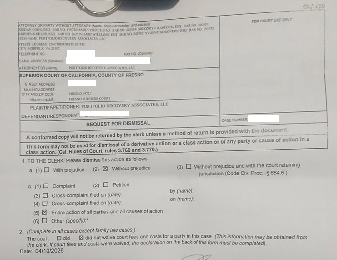 Client Four court dismissal documentation following Maximum Score Builders consumer protection support
