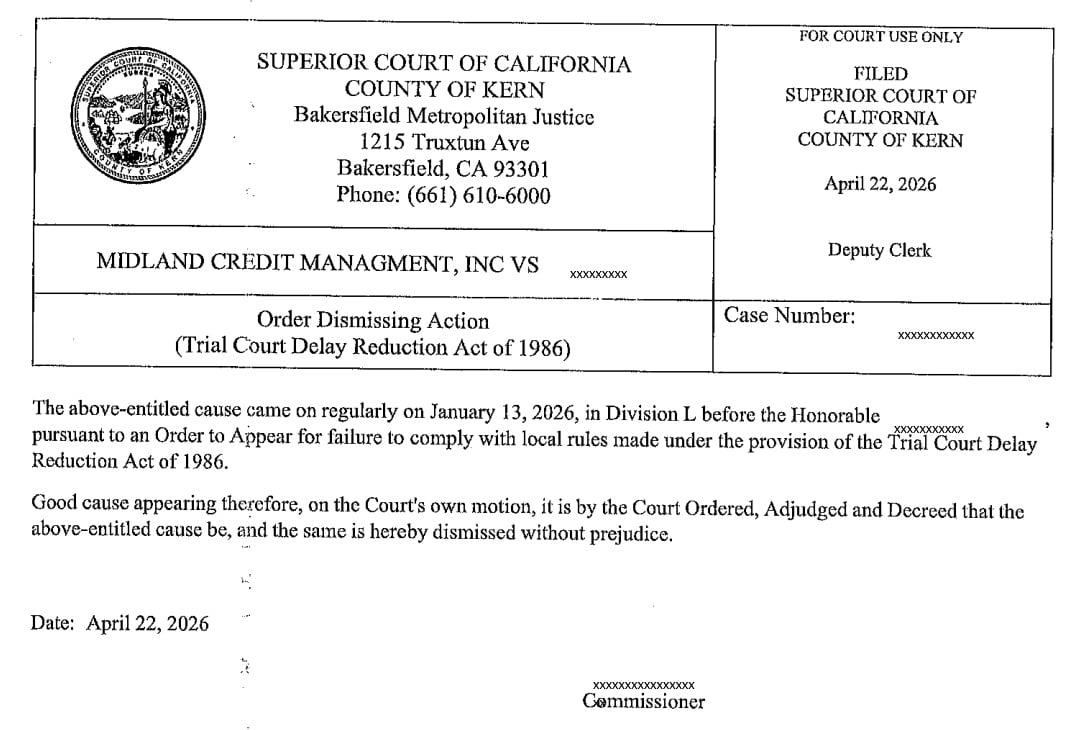 Client Three court order showing dismissal of creditor lawsuit after working with Maximum Score Builders