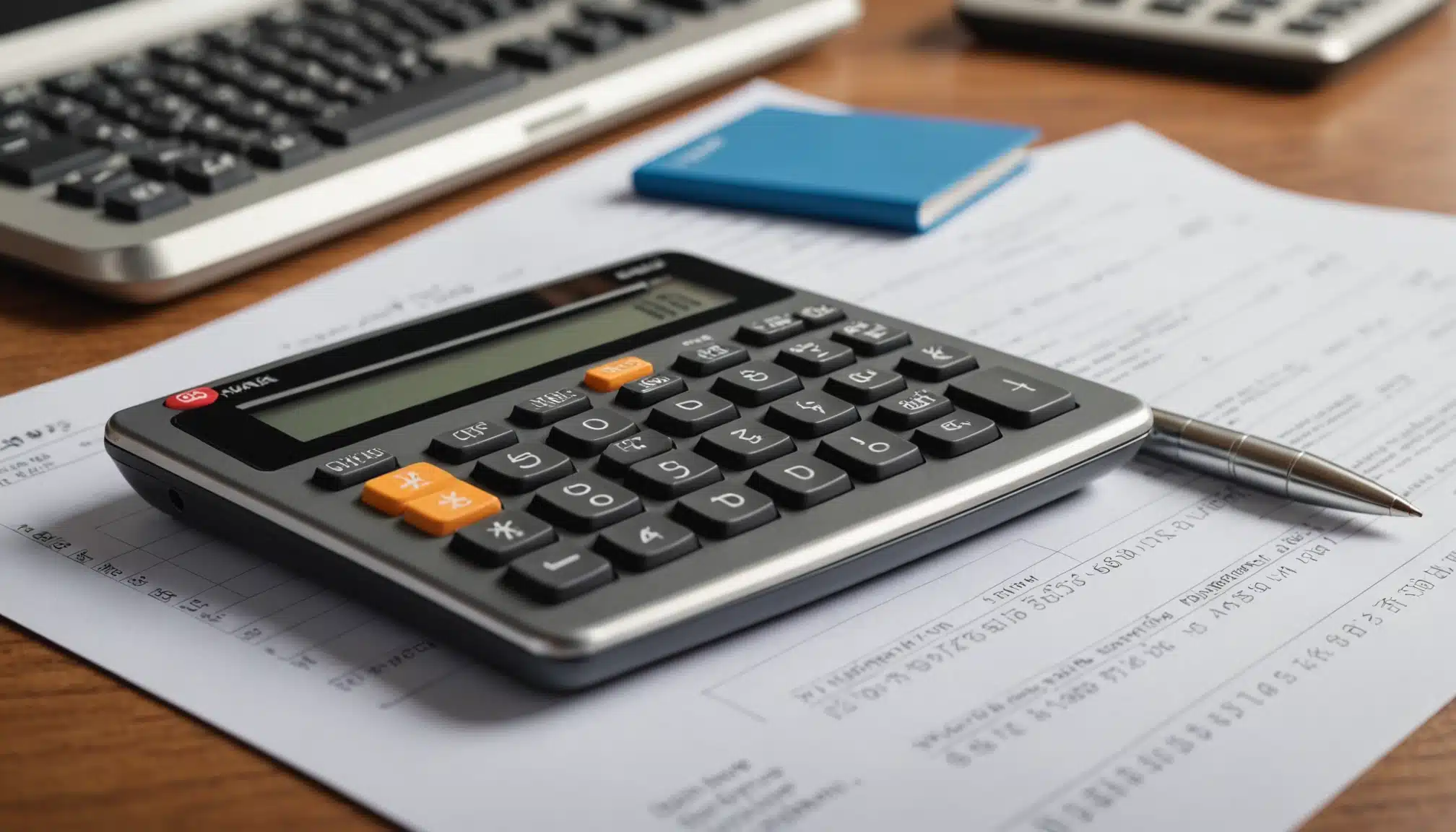 Eye-level view of a stack of financial documents and a calculator