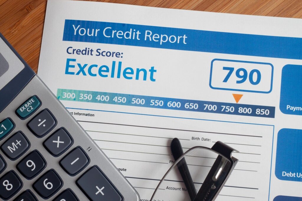 Credit report showing an excellent credit score of 790